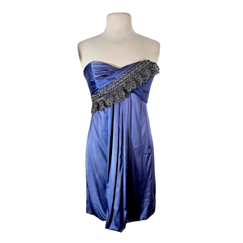 Nicole Miller Collection Blue Satin Silver Sash Bubble Hem Cocktail Dress